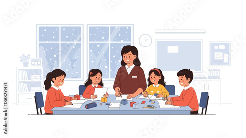 Children Engaged in Craft Activity with Teacher in Classroom Setting