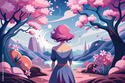 Abstract art portrait of woman seen from back wearing soft pink wig and pink dress near cherry blossom tree dreamy feminine surreal atmosphere.