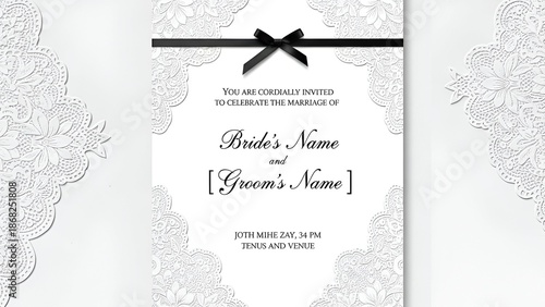 Elegant wedding invitation with lace trim, black ribbon, and placeholder text on white
