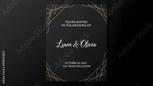 Elegant wedding invitation on dark gray background with geometric gold accents