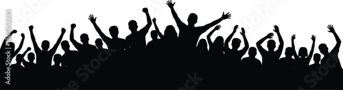 Cheering crowd silhouette with raised hands celebrating music festival concert event isolated on white background design illustration banner concept