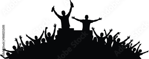 DJ party crowd silhouette with cheering people celebrating music festival concert event isolated on white background illustration design banner