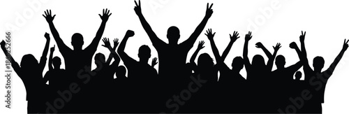 Excited cheering crowd silhouette with raised hands celebrating concert festival event isolated on white background illustration for banner design