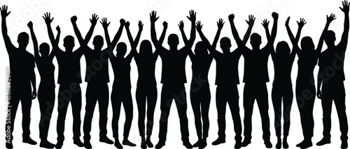 Group of diverse people silhouettes celebrating together with raised hands symbolizing unity teamwork community success crowd concept solidarity celebration