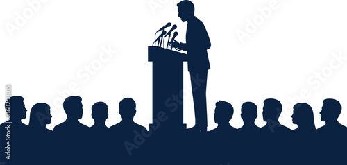 Political leader giving public speech at podium with microphones addressing audience silhouettes isolated on white background illustration concept design