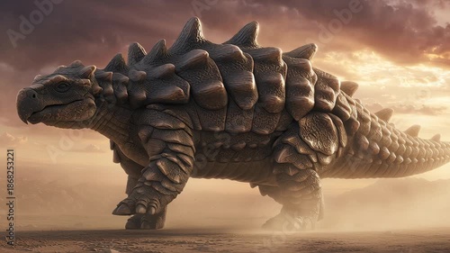 Realistic Ankylosaurus Dinosaur Walks Through Dusty Prehistoric Landscape