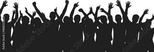 Silhouette crowd of people raising hands together celebrating unity teamwork diversity community success joy collective energy concept solidarity happiness