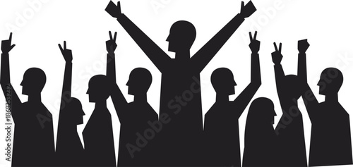 Silhouette group of people raising hands celebrating victory unity teamwork success leadership protest crowd concept solidarity community motivation inspiration diversity