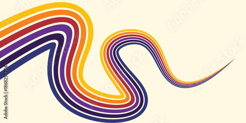Abstract colorful 70s background vector. Vintage retro wallpaper with rainbow stripes and wavy lines. A 1970 color illustration suitable for posters, banners, decorative items and wall art.