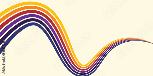 Abstract colorful 70s background vector. Vintage retro wallpaper with rainbow stripes and wavy lines. A 1970 color illustration suitable for posters, banners, decorative items and wall art.