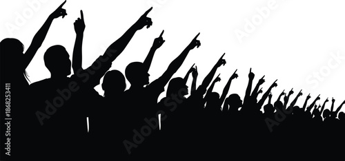Silhouette of united crowd pointing forward symbolizing direction leadership motivation teamwork and collective vision isolated on white background