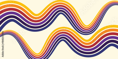 Abstract colorful 70s background vector. Vintage retro wallpaper with rainbow stripes and wavy lines. A 1970 color illustration suitable for posters, banners, decorative items and wall art.
