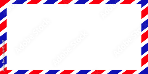 Airmail Envelope frame images with strips. International vintage letter border. Retro air mail postcard with blue and red stripes. Empty classic postal frame. Vector illustration