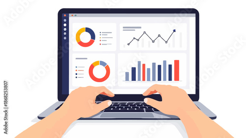 Illustration of business analytics dashboard on laptop screen with charts and graphs. Concept of data analysis, statistics, finance, marketing performance, digital reporting, and modern technology