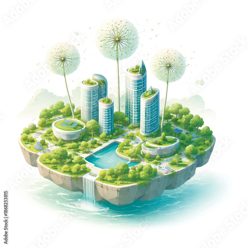 3d Smart eco city garden on a floating island. Futuristic buildings connected by dandelion shaped wind turbines symbolize renewable energy, sustainability, and green urban future. Vector illustration.