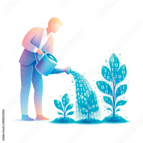 Ethical AI management. A human curator pours glowing data streams onto digital plants, symbolizing responsible artificial intelligence, guidance, growth, and sustainable technology development. Vector