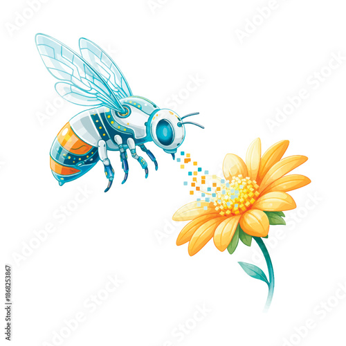 Robotic bee drone pollinating a flower with digital pixels. Concept of digital pollination, technology and nature fusion, data transfer and futuristic eco innovation. Minimalist vector illustration.