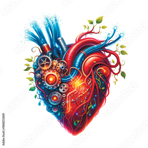 Hybrid mechanical heart made of gears, glowing fiber optics and organic vines. Symbol of vital connection between technology, data flow and living systems. Isolated vector illustration on white.