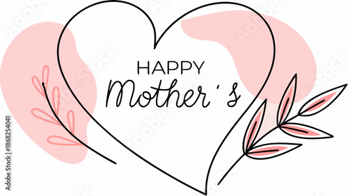 Flat vector illustration of heart shaped emblem with happy mother's day text and leafy design for greeting cards and celebrations with mother s day