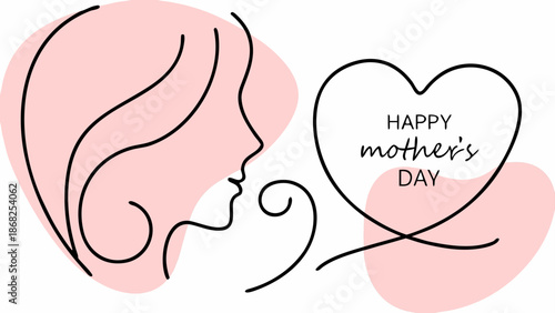 Stylized vector graphic of a mother and child celebrating happy mother's day with a heart with mother s day and happy mother s day and family