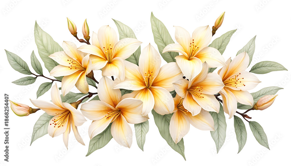 Obraz premium Beautiful Yellow White Lily Flowers on Branch with Leaves