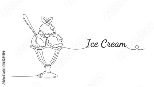 Continuous one line art vector illustration of a refreshing bowl of ice cream with a spoon, elegant and clean design