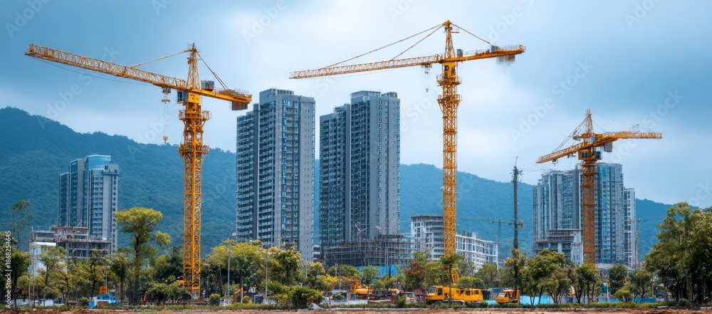 Fototapeta premium The development of building construction sites features tower cranes and image technology