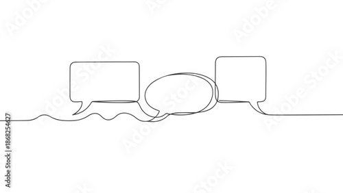 Continuous line art vector illustration of two speech bubbles connected, one continuous line drawing, simple and abstract, great for communication concepts