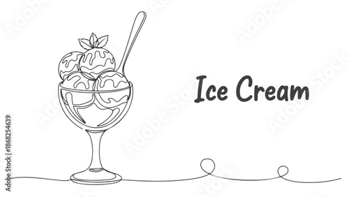 Continuous one line art vector illustration of a delicious ice cream sundae in a glass dish, perfect for desserts and treats