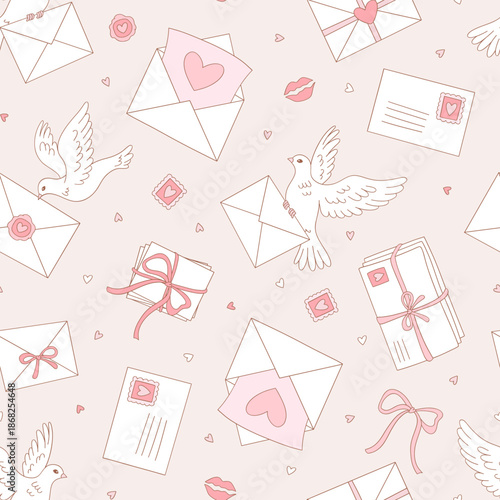 Retro Romantic Coquette White Dove Transferring Love Letters Seamless Pattern, Girlish Vintage Valentine Day Mail Background for Textile and Wrapping Paper