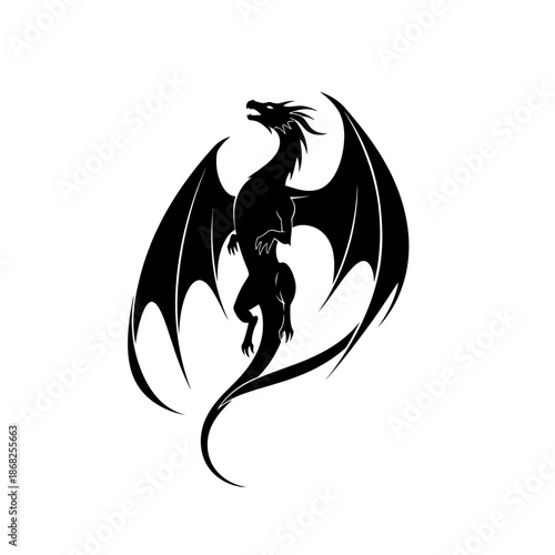 Majestic dragon silhouette with wings spread wide in mid flight