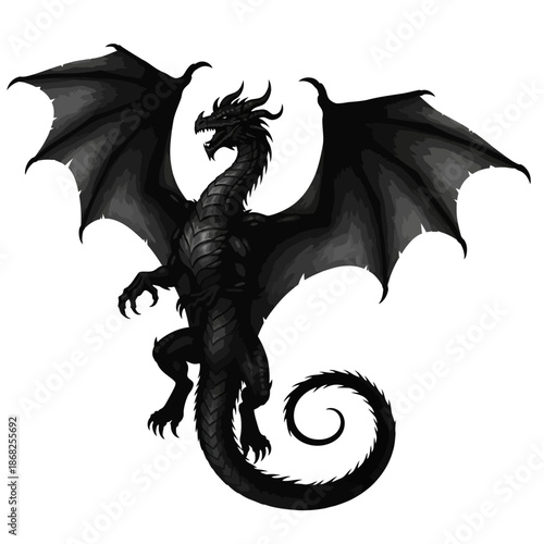 Majestic black dragon standing with wings spread wide in a powerful stance
