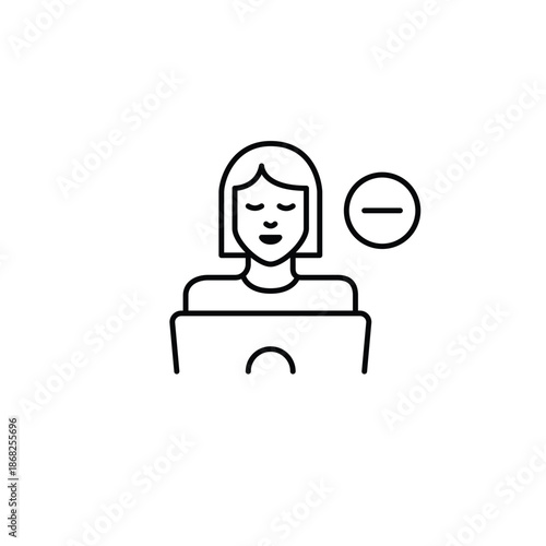 Woman working at laptop and minus sign. Remove user or profile picture. Restrict access. Pixel perfect, editable stroke vector icon
