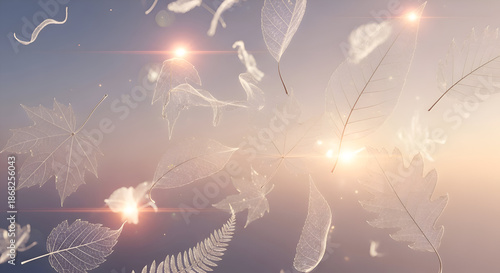 Ethereal transparent skeleton leaves float gracefully with warm light flares against a serene, gradient sky, capturing delicate natural beauty