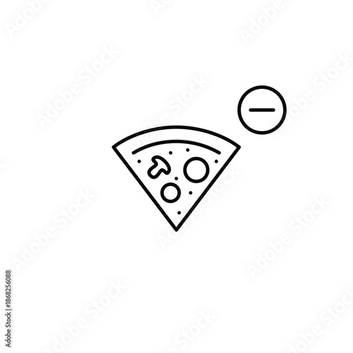 Mushroom, salami and tomato pizza slice and minus. Meal cancelled, remove positions from order. Pixel perfect, editable stroke vector icon