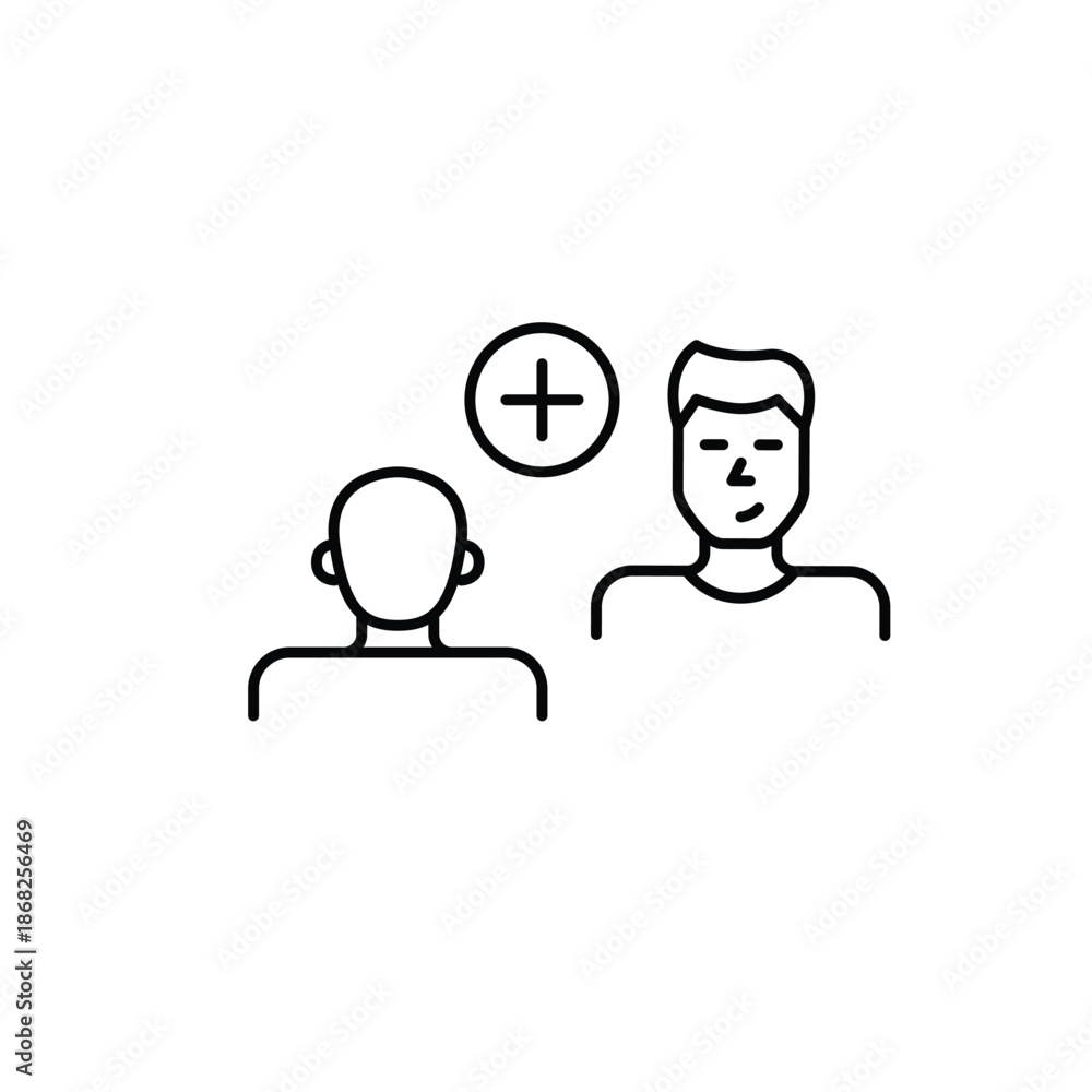 Fototapeta premium Men speaking at interview or date and plus symbol. Chat add, new contact. Pixel perfect, editable stroke vector icon