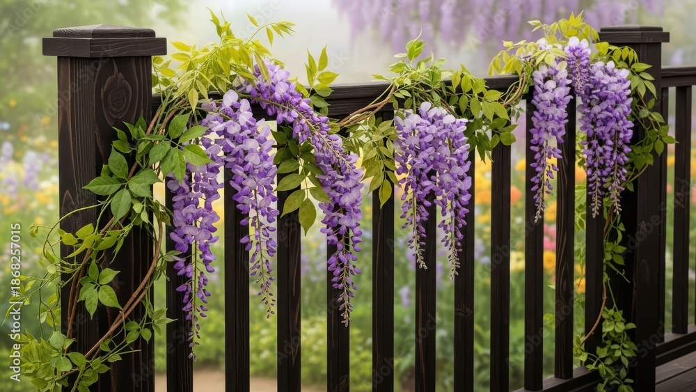 Naklejka premium Cascading purple wisteria blooms adorn a dark wooden garden fence during a vibrant springtime display