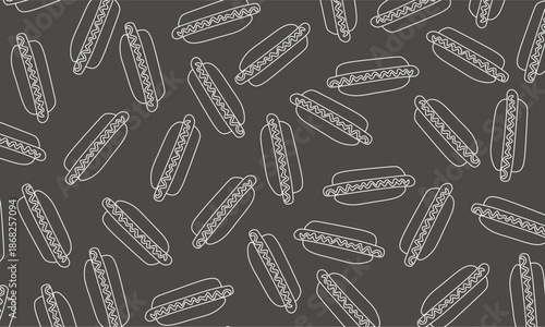 Hand drawn hot dog seamless pattern. Seamless pattern of hotdog doodle illustration background. Hot dog pattern background.