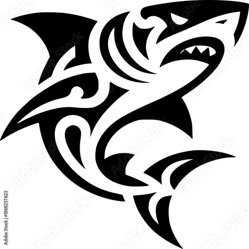 A black and white tribal fish tattoo design with bold vector lines and a symbolic wildlife style