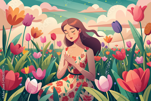 A woman in a floral dress is sitting in a field of pink tulips in spring, holding flowers covering her eyes. Romantic nature scene, soft light, dreamy feminine atmosphere.
