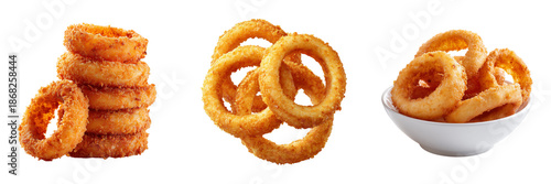 Stacked golden brown crispy onion rings and a bowl of onion rings isolated on a transparent background