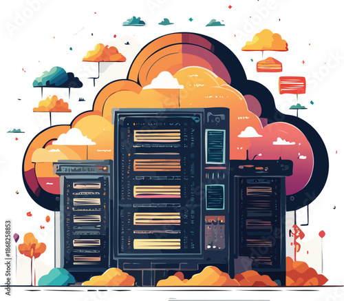 A stylized illustration of server racks and data centers within a vibrant cloud computing environment, symbolizing digital infrastructure and data storage.