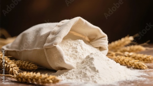 Flour poured from a cloth bag, accompanied by wheat ears, showing the simplicity and purity of the ingredients.