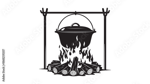 Campfire cooking with cauldron illustration Vector, illustration