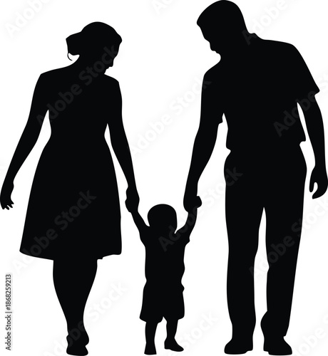 Silhouette of a Family Holding Hands, Mother, Father, and Child Walking Together, vector, illustration, silhouette