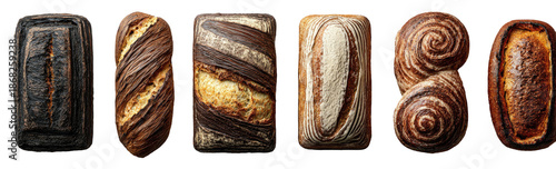 Row of crusty, artisan bread loaves, variety of shapes and textures
