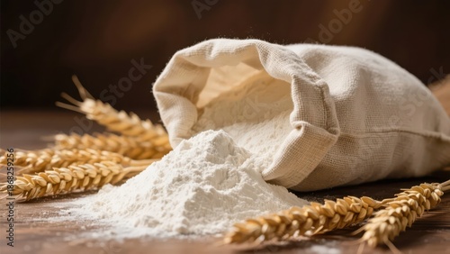 Flour poured from a cloth bag, accompanied by wheat ears, showing the simplicity and purity of the ingredients.