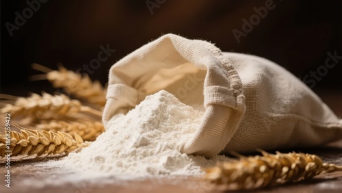 Flour poured from a cloth bag, accompanied by wheat ears, showing the simplicity and purity of the ingredients.
