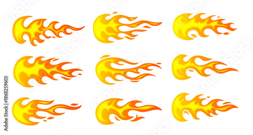 Vector set of bright yellow color fire symbol. Collection of flat style design of burning flame of fire. Illustration of different shine tongue of flame icon on white background