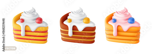 Vector set of illustration of realistic piece of cake with cream and berry on white background. 3d style design of different flavour and color cake with whipped cream. Sweet food